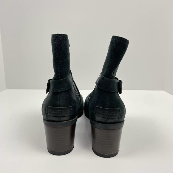 Sorel | Cate Buckle Black Leather Waterproof Block Heel Ankle Boots Booties - Picture 7 of 11